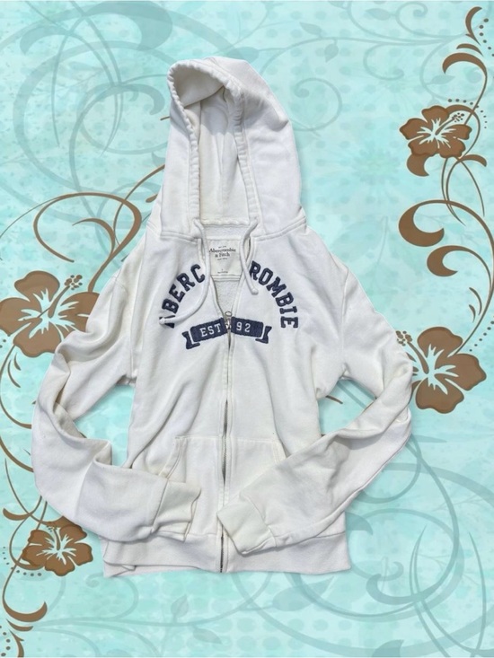 Abercrombie & Fitch Tops - Abercrombie & Fitch White Zip-Up Hooded Sweatshirt with Navy Logo